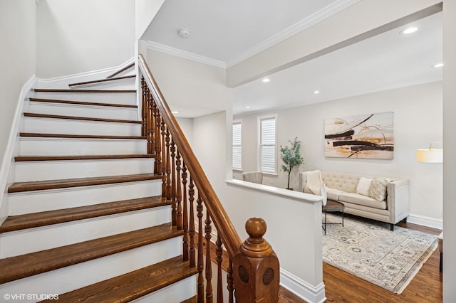 4848 N Seeley Ave, Chicago, IL 60625 - stairway featuring wood finished floors, crown molding, and recessed lighting