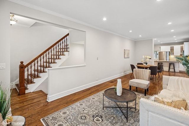4848 N Seeley Ave, Chicago, IL 60625 - living room with wood finished floors, recessed lighting, stairway, and crown molding