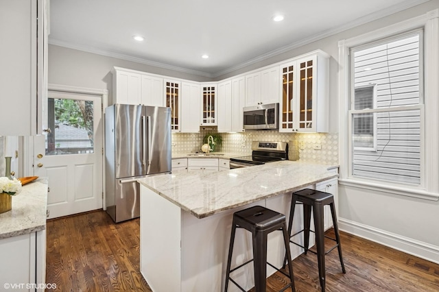 4848 N Seeley Ave, Chicago, IL 60625 - kitchen featuring appliances with stainless steel finishes, dark wood-style floors, backsplash, a peninsula, and ornamental molding