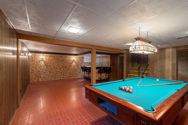 2811 N Harvard Ave, Arlington Heights, IL 60004 - playroom featuring wooden walls, brick patterned flooring, a drop ceiling, and billiards table