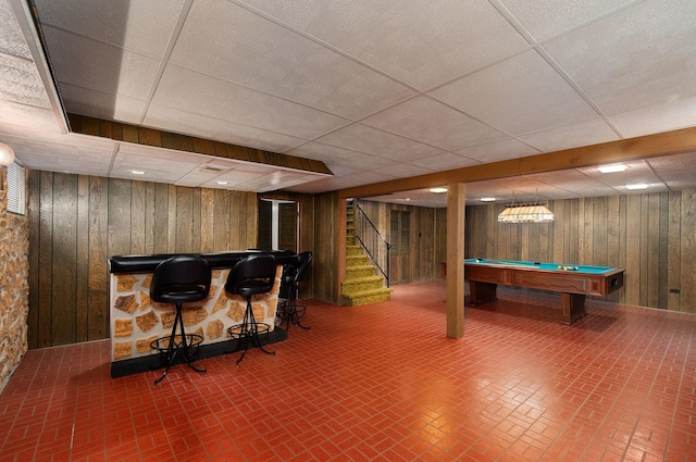 2811 N Harvard Ave, Arlington Heights, IL 60004 - indoor dry bar with a drop ceiling, brick patterned flooring, wooden walls, billiards table, and stairs