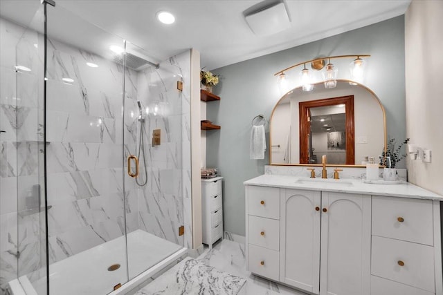 14695 Fox Hollow Ln, Lemont, IL 60439 - bathroom with a marble finish shower, marble finish floors, and vanity