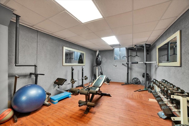 14695 Fox Hollow Ln, Lemont, IL 60439 - exercise area with wood finished floors, a textured wall, and a paneled ceiling