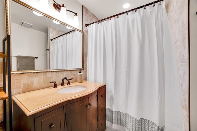 14695 Fox Hollow Ln, Lemont, IL 60439 - full bathroom with vanity, tasteful backsplash, and a shower with shower curtain