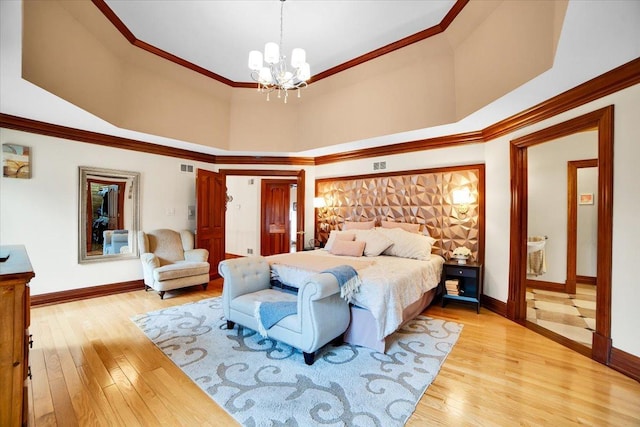 14695 Fox Hollow Ln, Lemont, IL 60439 - bedroom with a chandelier, light wood-style floors, a high ceiling, and ornamental molding