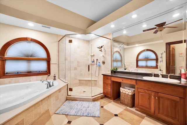 14695 Fox Hollow Ln, Lemont, IL 60439 - bathroom with vanity, a whirlpool tub, a shower stall, recessed lighting, and a ceiling fan