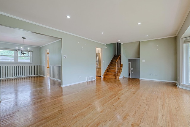 1831 E Camp Mcdonald Rd Unit 0, Mount Prospect, IL 60056 - unfurnished living room featuring a chandelier, light wood finished floors, stairway, recessed lighting, and ornamental molding