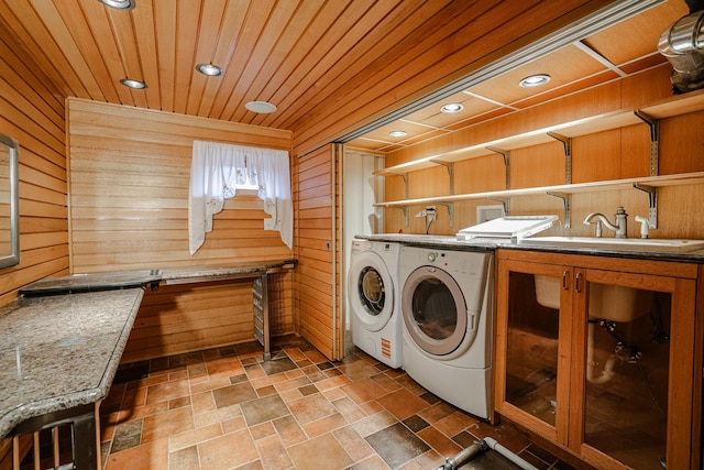 1831 E Camp Mcdonald Rd Unit 0, Mount Prospect, IL 60056 - laundry area with separate washer and dryer, wood walls, recessed lighting, wooden ceiling, and stone finish flooring