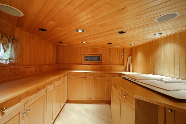 1831 E Camp Mcdonald Rd Unit 0, Mount Prospect, IL 60056 - kitchen featuring wooden ceiling, a relaxing sauna, wooden walls, and light wood-style flooring