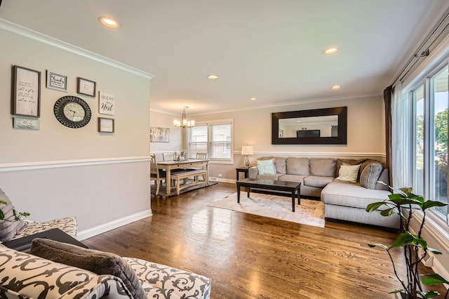 4453 N Canfield Ave, Norridge, IL 60706 - living room with ornamental molding, a chandelier, wood finished floors, and recessed lighting