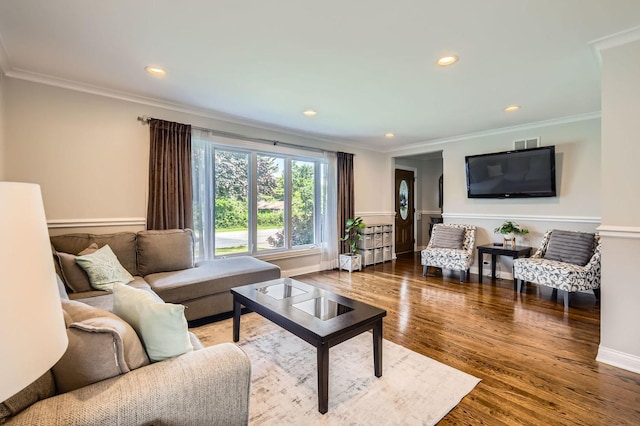 4453 N Canfield Ave, Norridge, IL 60706 - living room featuring ornamental molding, wood finished floors, and recessed lighting