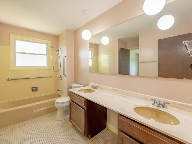 2134 S Hull Dr, Wheaton, IL 60189 - bathroom featuring washtub / shower combination, double vanity, and tile patterned floors