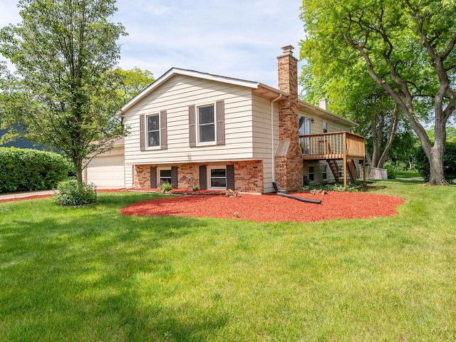 2134 S Hull Dr, Wheaton, IL 60189 - rear view of house featuring stairway, a chimney, a wooden deck, brick siding, and a yard