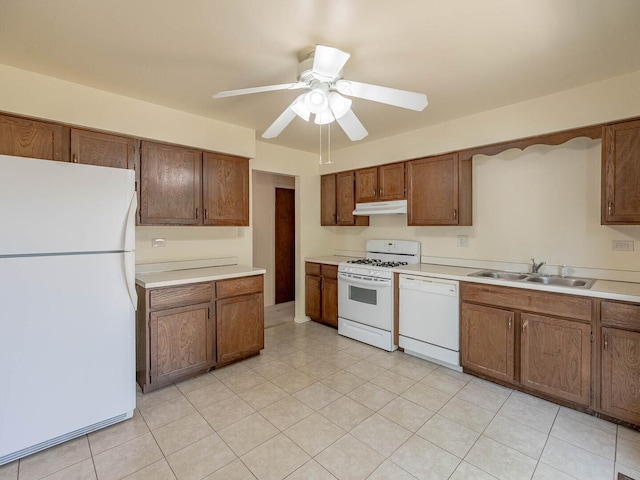 2134 S Hull Dr, Wheaton, IL 60189 - kitchen with white appliances, under cabinet range hood, light countertops, and ceiling fan