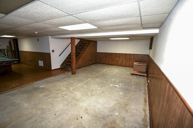 38103 N Cornell Rd, Beach Park, IL 60087 - finished basement featuring wood walls, stairs, a wainscoted wall, and a drop ceiling