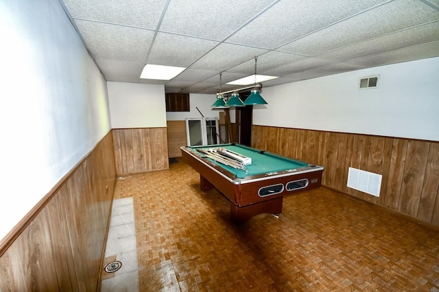 38103 N Cornell Rd, Beach Park, IL 60087 - recreation room featuring a wainscoted wall, wood walls, pool table, and a paneled ceiling