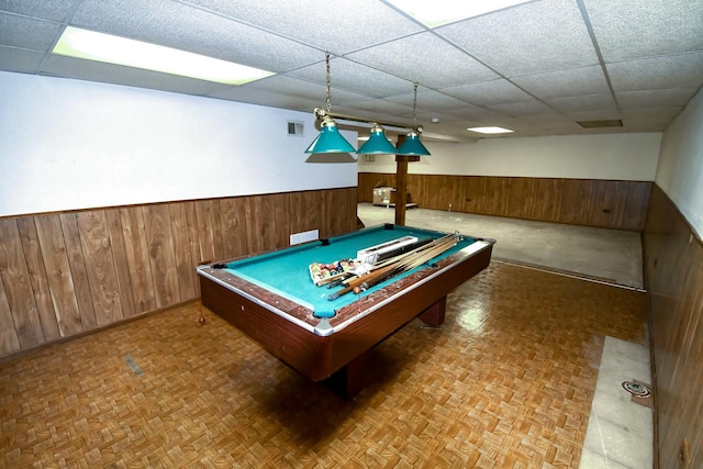38103 N Cornell Rd, Beach Park, IL 60087 - recreation room with wainscoting, wooden walls, a drop ceiling, and pool table