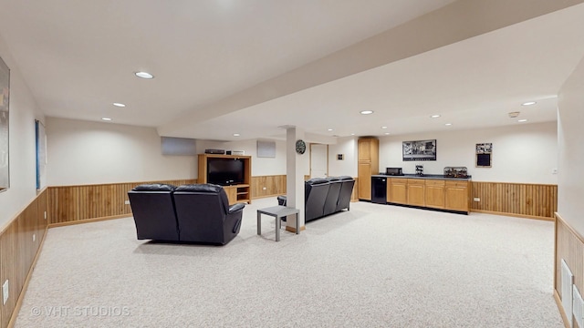 2478 Lawson Blvd, Gurnee, IL 60031 - living room with wainscoting, wood walls, light colored carpet, wet bar, and recessed lighting