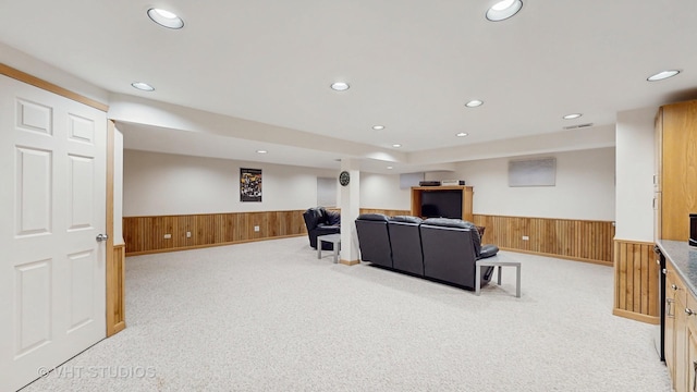 2478 Lawson Blvd, Gurnee, IL 60031 - living room with a wainscoted wall, light colored carpet, wood walls, and recessed lighting