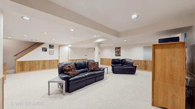 2478 Lawson Blvd, Gurnee, IL 60031 - carpeted living room featuring wainscoting, wooden walls, recessed lighting, and stairs
