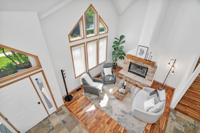 5024 Switch Grass Ln, Naperville, IL 60564 - living room featuring high vaulted ceiling, a fireplace, healthy amount of natural light, and stone tile floors