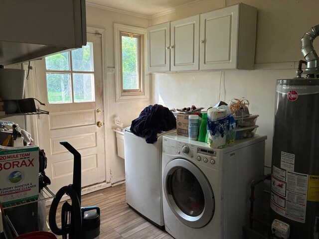 314 Meota St, Park Forest, IL 60466 - washroom featuring gas water heater, ornamental molding, cabinet space, washing machine and clothes dryer, and light wood-style floors