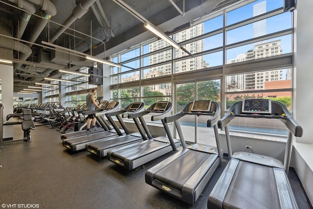 545 N Dearborn St Unit 3207, Chicago, IL 60654 - exercise room featuring a city view and a towering ceiling