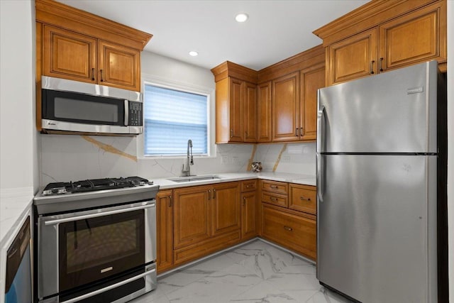 11456 S Talman Ave, Chicago, IL 60655 - kitchen featuring stainless steel appliances, light marble finish floors, brown cabinetry, light countertops, and recessed lighting