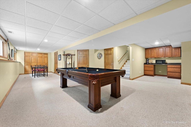 1103 Paul Ct, Fox River Grove, IL 60021 - game room with a paneled ceiling, light carpet, pool table, and recessed lighting