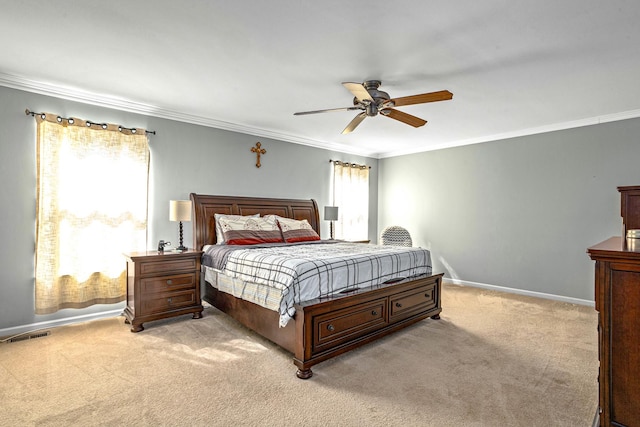 184 Primrose Ln, Bartlett, IL 60103 - bedroom featuring light colored carpet, ornamental molding, and ceiling fan