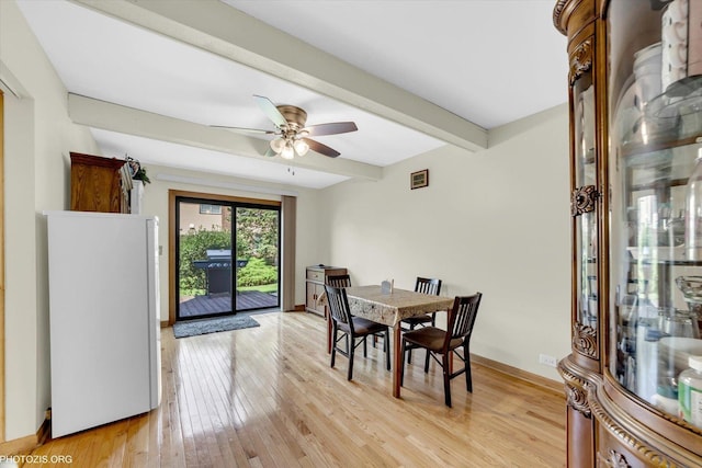 1330 S Mallard Ln, Mount Prospect, IL 60056 - dining space featuring beam ceiling, light wood-style floors, and ceiling fan