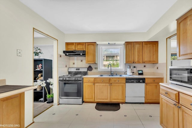 1330 S Mallard Ln, Mount Prospect, IL 60056 - kitchen with appliances with stainless steel finishes, under cabinet range hood, tasteful backsplash, and light countertops