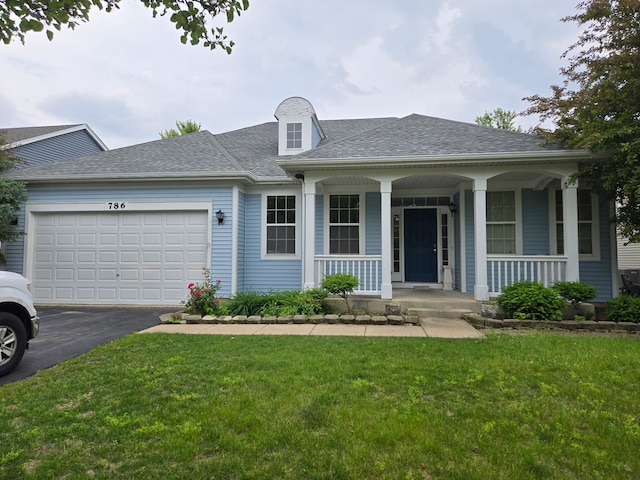 786 Bohannon Cir, Oswego, IL 60543 - view of front of house featuring a porch, driveway, a front yard, a garage, and a shingled roof
