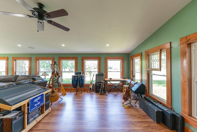 1392 Red Brick Rd, Dixon, IL 61021 - living room with wood finished floors, plenty of natural light, lofted ceiling, recessed lighting, and ceiling fan