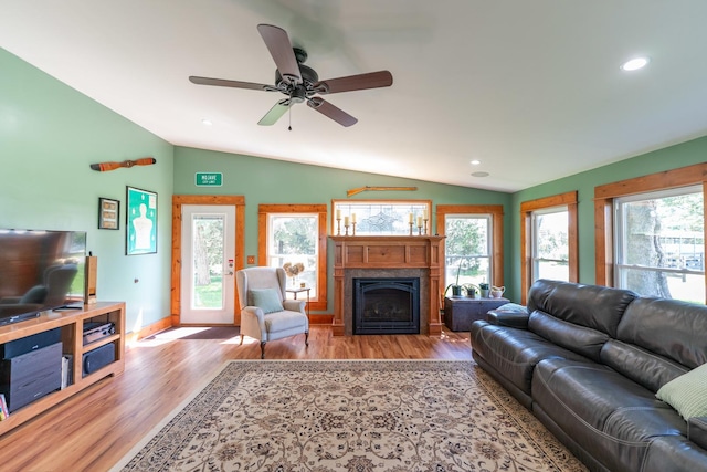 1392 Red Brick Rd, Dixon, IL 61021 - living area with lofted ceiling, light wood-style floors, a fireplace, recessed lighting, and ceiling fan