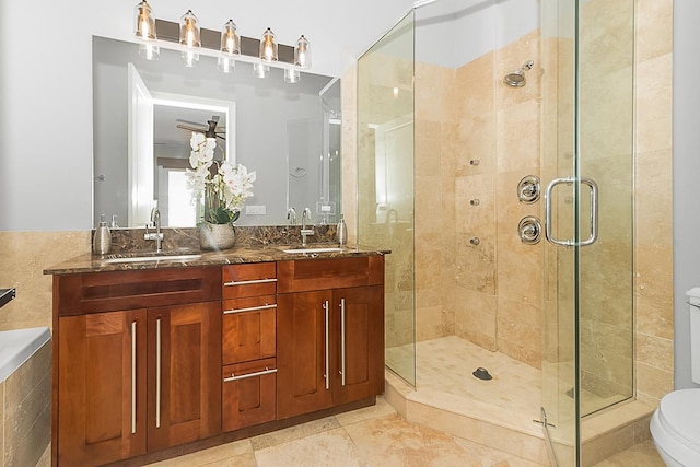 5010 W Lawrence Ave Unit 3B, Chicago, IL 60630 - full bathroom featuring a stall shower, double vanity, tile patterned floors, and tiled bath