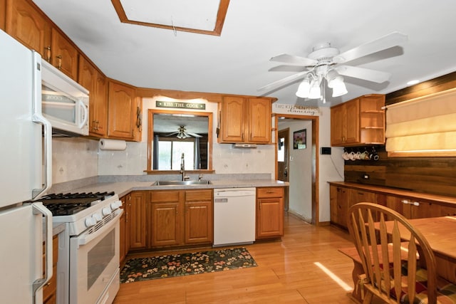 4631W W 88th St, Hometown, IL 60456 - kitchen featuring white appliances, a ceiling fan, tasteful backsplash, light wood-type flooring, and light countertops