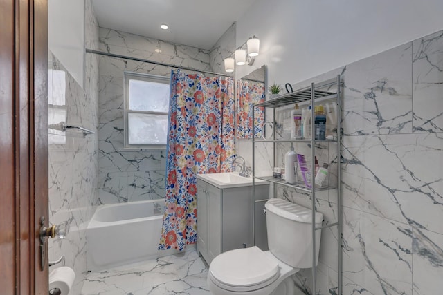 2916 N Melvina Ave, Chicago, IL 60634 - full bathroom with shower / bath combination with curtain, vanity, and marble tiled flooring