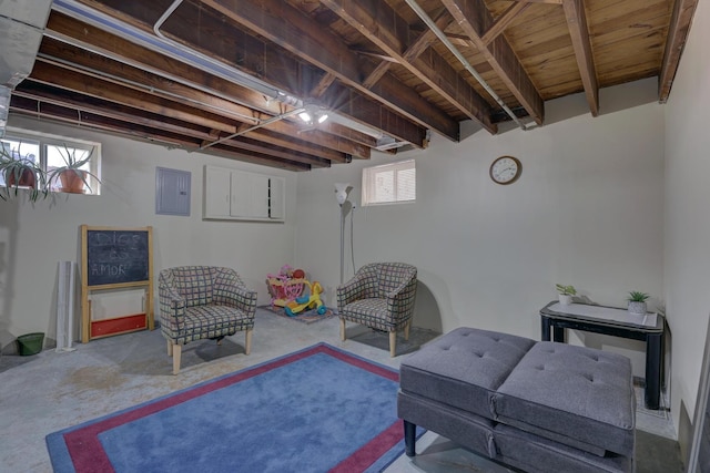 2916 N Melvina Ave, Chicago, IL 60634 - living room featuring electric panel and a wood ceiling with exposed beams
