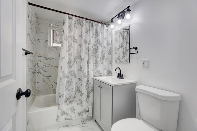 2916 N Melvina Ave, Chicago, IL 60634 - full bathroom featuring vanity, marble finish floors, and shower / bathtub combination with curtain