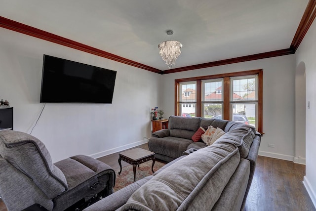 2916 N Melvina Ave, Chicago, IL 60634 - living room with dark wood-style flooring, crown molding, arched walkways, and a chandelier