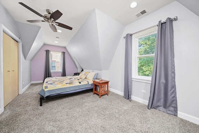3010 Wisconsin Ave, Berwyn, IL 60402 - bedroom with carpet flooring, lofted ceiling, a ceiling fan, and recessed lighting
