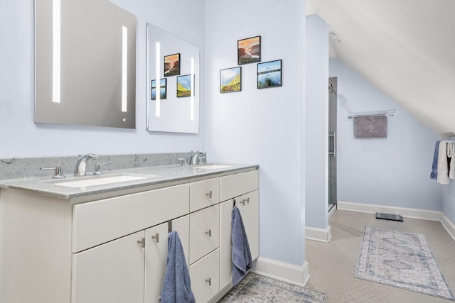 3010 Wisconsin Ave, Berwyn, IL 60402 - bathroom with vaulted ceiling, double vanity, and a stall shower
