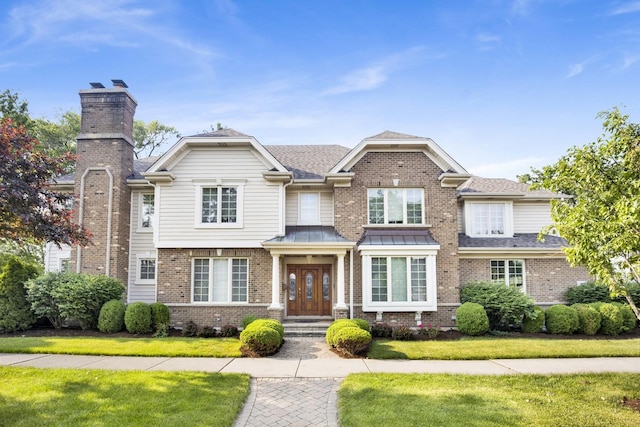 445 E Crescent Ave, Elmhurst, IL 60126 - view of front of house featuring brick siding, a front lawn, roof with shingles, and a chimney