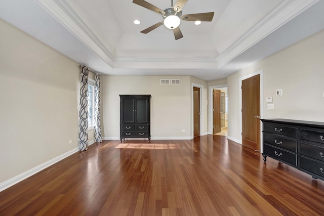 445 E Crescent Ave, Elmhurst, IL 60126 - unfurnished living room featuring a ceiling fan, wood finished floors, crown molding, recessed lighting, and a raised ceiling