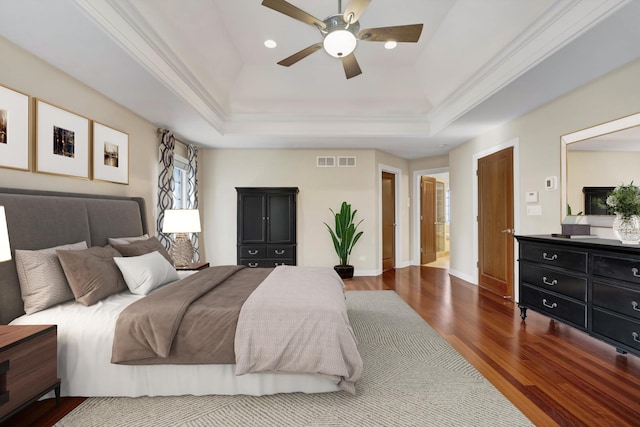 445 E Crescent Ave, Elmhurst, IL 60126 - bedroom with dark wood-style flooring, recessed lighting, ornamental molding, a raised ceiling, and ceiling fan