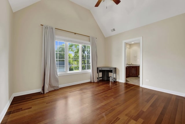 445 E Crescent Ave, Elmhurst, IL 60126 - spare room with ceiling fan, wood finished floors, and high vaulted ceiling
