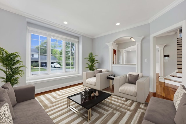 445 E Crescent Ave, Elmhurst, IL 60126 - living room featuring ornate columns, wood finished floors, stairs, crown molding, and recessed lighting