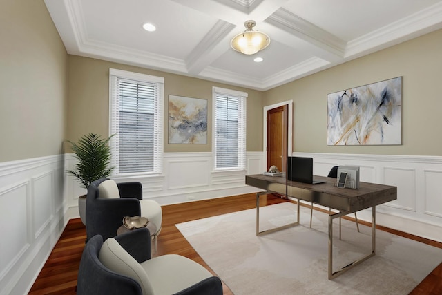 445 E Crescent Ave, Elmhurst, IL 60126 - office with wood finished floors, beam ceiling, a decorative wall, and coffered ceiling