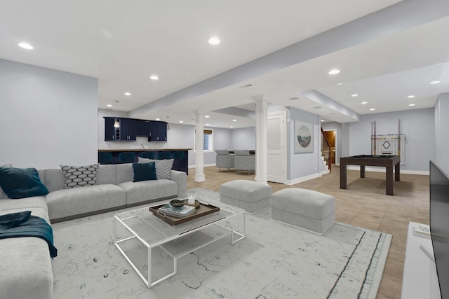445 E Crescent Ave, Elmhurst, IL 60126 - living area with decorative columns, recessed lighting, pool table, and stairway